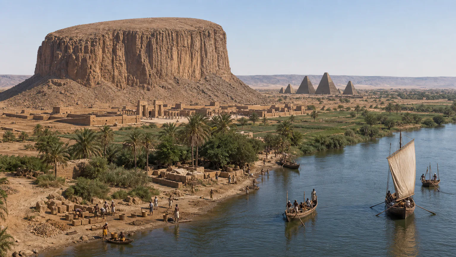 AI-generated evidence-guided visualization related to Gebel Barkal and Napatan centers, c. 900 BCE-350 CE.