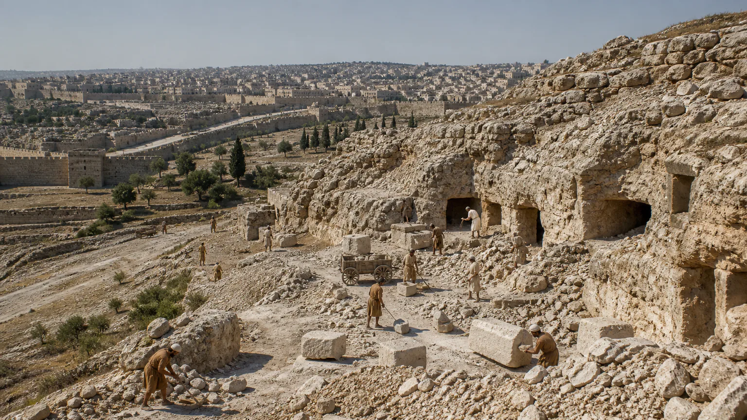 AI-generated evidence-guided visualization related to Golgotha execution and burial zone, c. 30-70 CE.