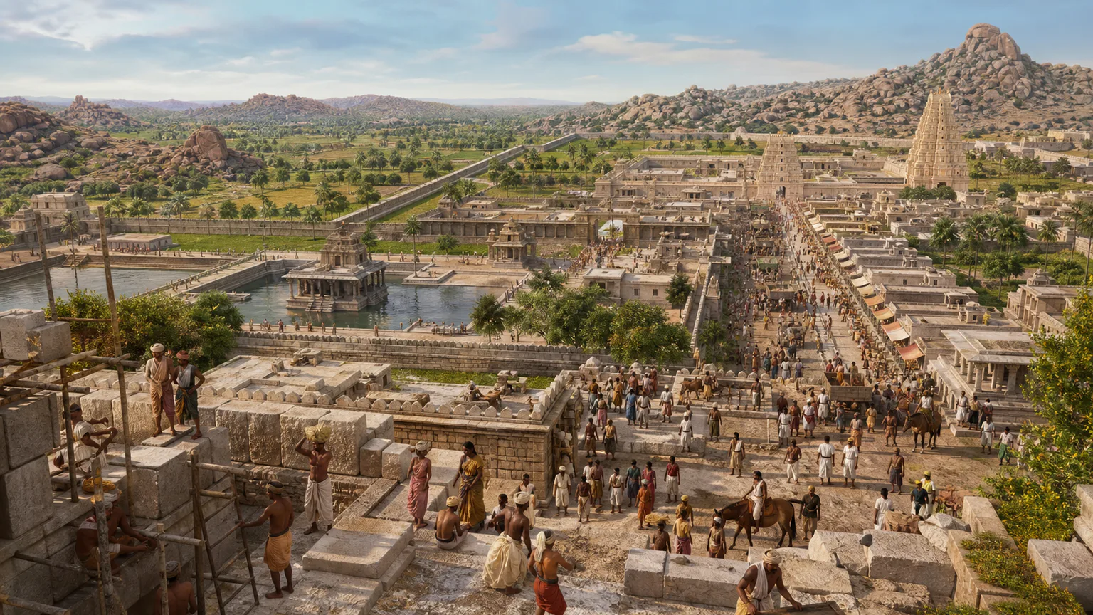 AI-generated evidence-guided visualization related to Vijayanagara at Hampi, 1336-1565 CE.