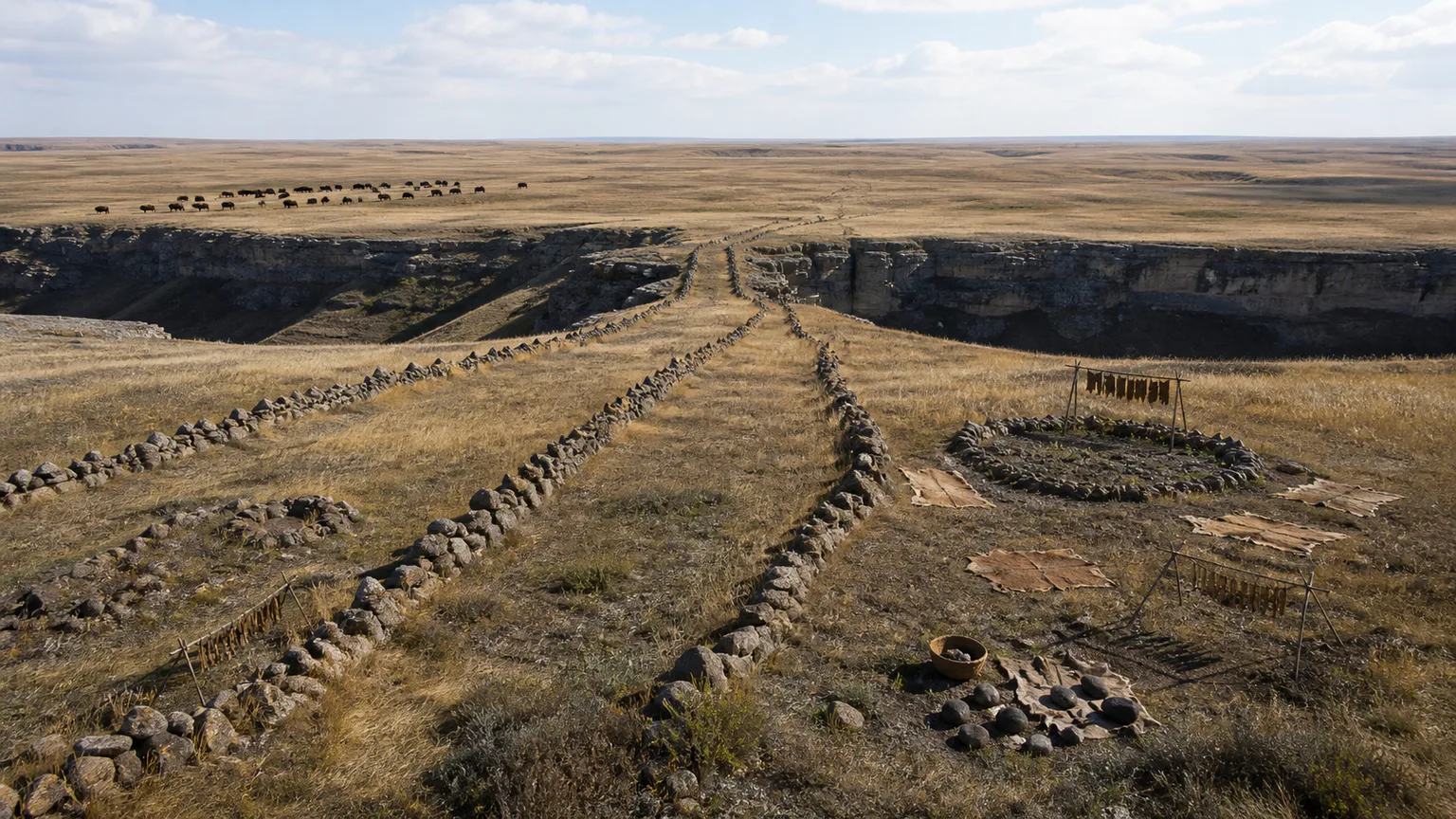 AI-generated evidence-guided visualization related to Head-Smashed-In Buffalo Jump, c. 4000 BCE-19th century CE.