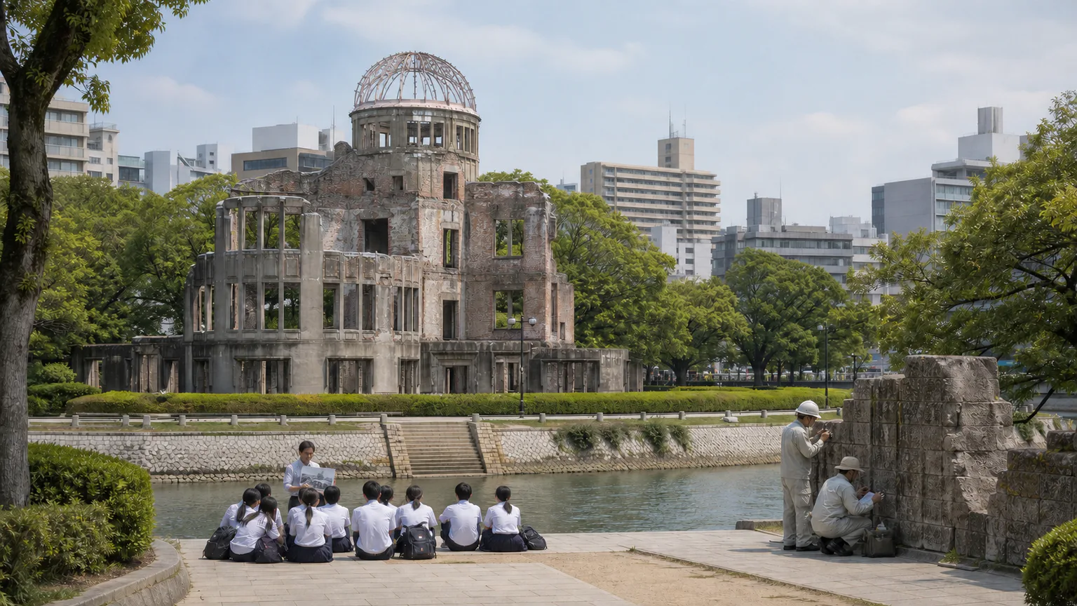 AI-generated evidence-guided visualization related to Hiroshima atomic bombing and peace memorial, 6 August 1945-present remembrance.