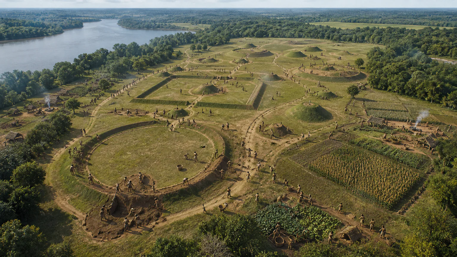 AI-generated evidence-guided visualization related to Hopewell Ceremonial Earthworks, c. 1-400 CE.