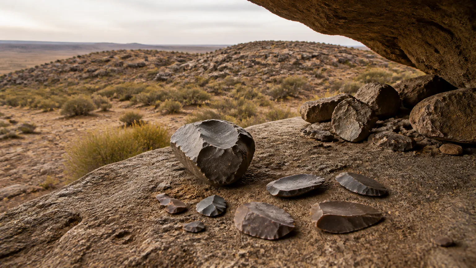 AI-generated evidence-guided visualization related to Jebel Irhoud, c. 315,000 years ago.