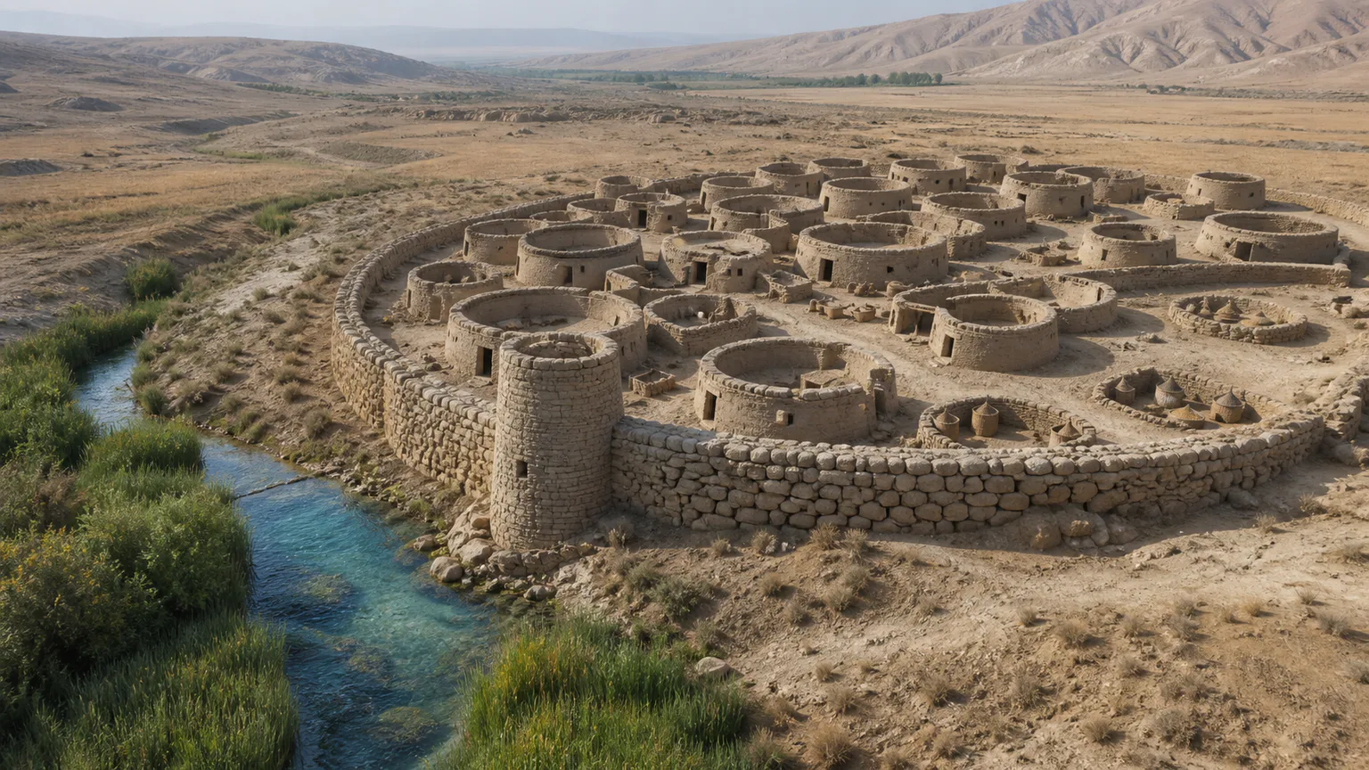 AI-generated evidence-guided visualization related to Tell es-Sultan / Ancient Jericho, Early Neolithic settlement phase, c. 10,500-7000 BCE.