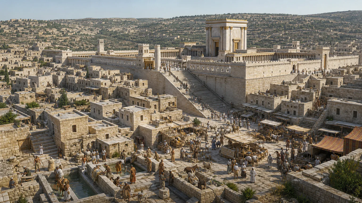 AI-generated evidence-guided visualization related to Jerusalem and the Second Temple, c. 20 BCE-70 CE.