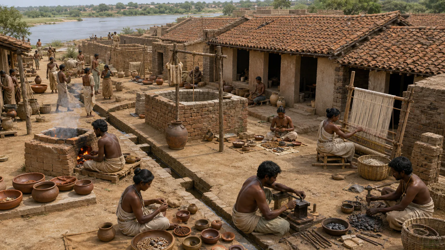 AI-generated evidence-guided visualization related to Keeladi and the Vaigai settlements, c. 6th century BCE-3rd century CE.