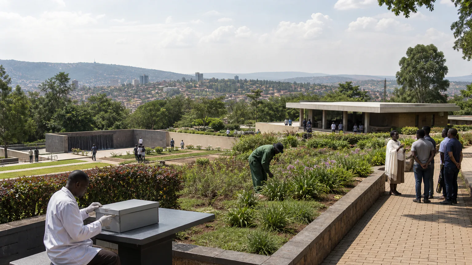 AI-generated evidence-guided visualization related to Rwanda genocide memorial sites, 1994 CE-present remembrance.