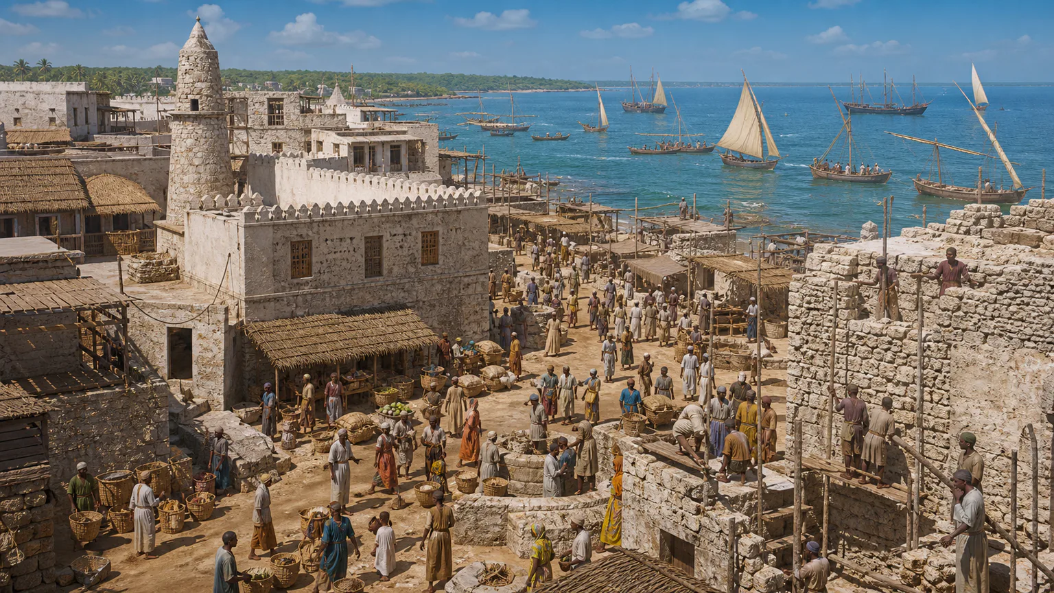 AI-generated evidence-guided visualization related to Kilwa Kisiwani, c. 900-1600 CE.