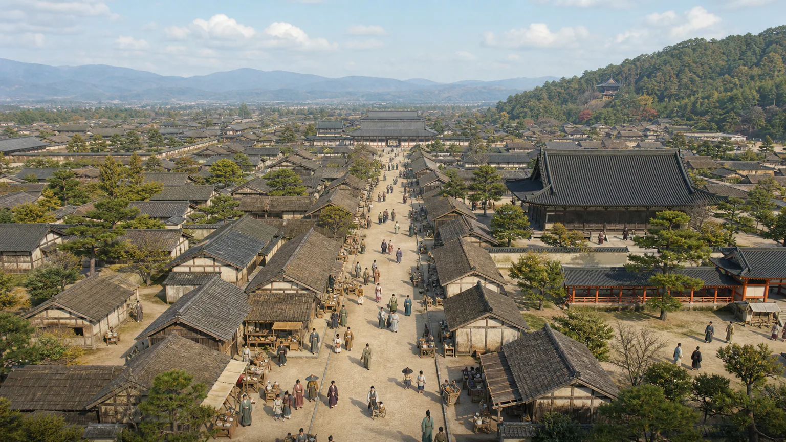 AI-generated evidence-guided visualization related to Kyoto / Heian-kyō, 794-1868 CE, changing phases.