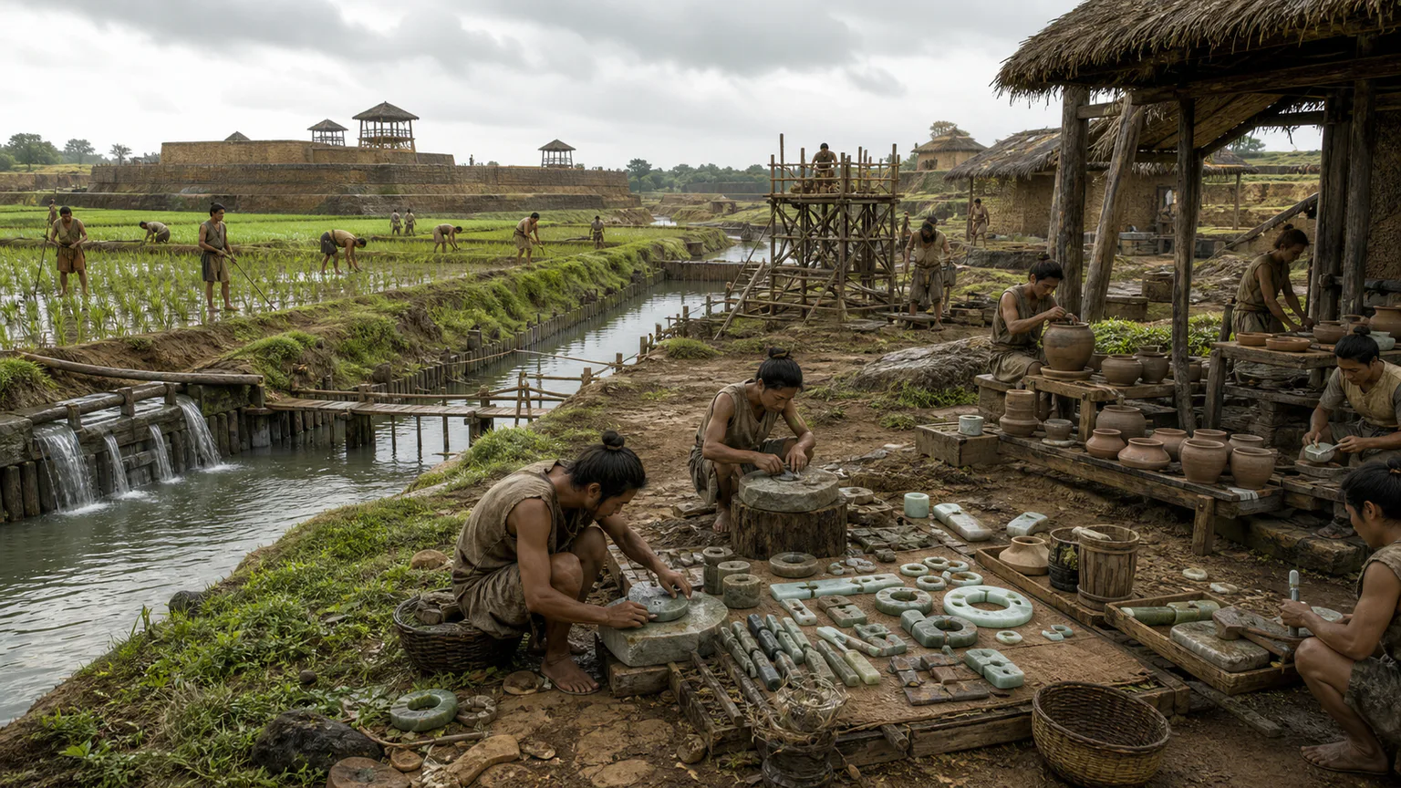 AI-generated evidence-guided visualization related to Liangzhu City, c. 3300-2300 BCE.
