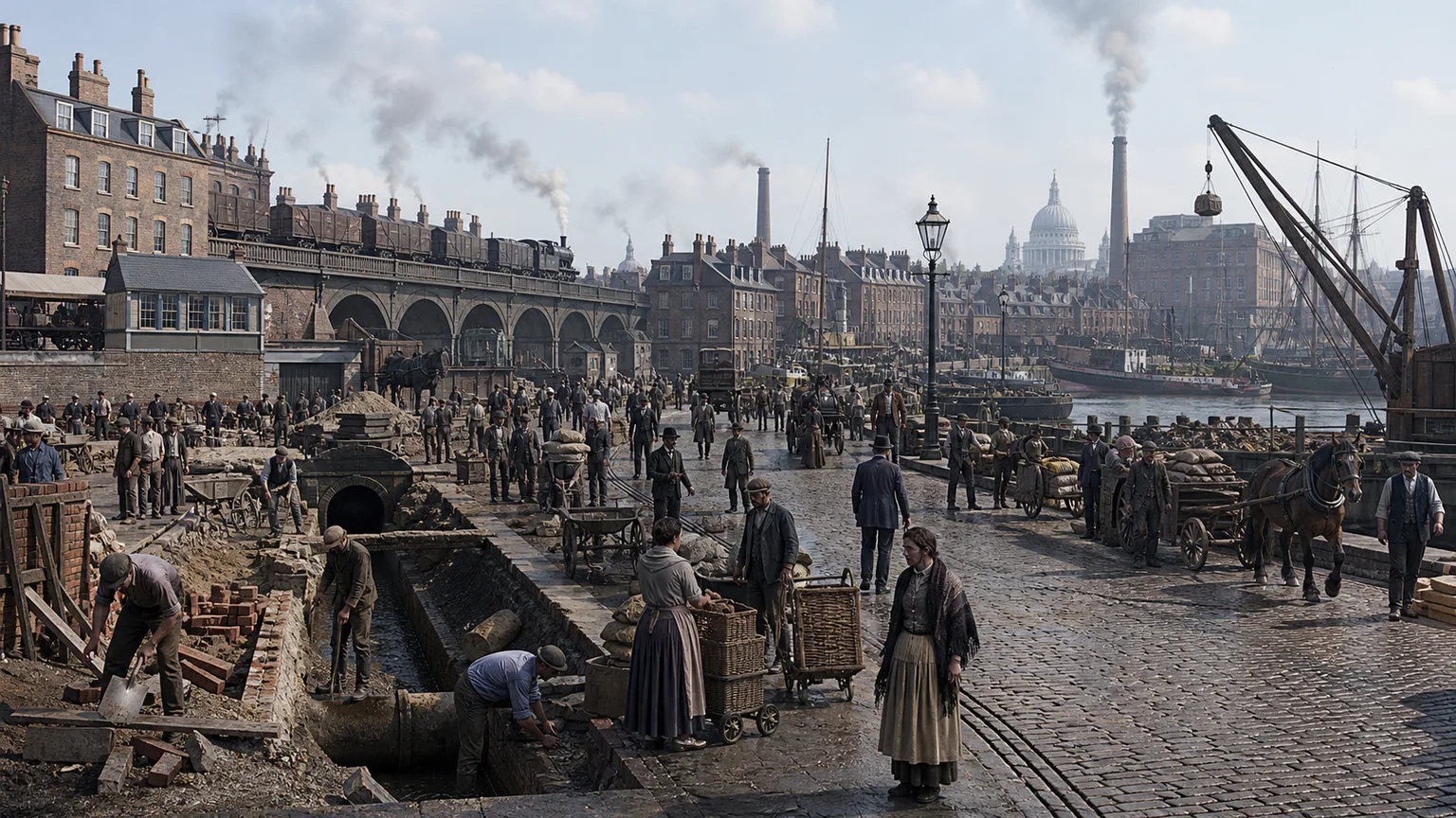 AI-generated evidence-guided visualization related to Industrial London, 19th century CE.