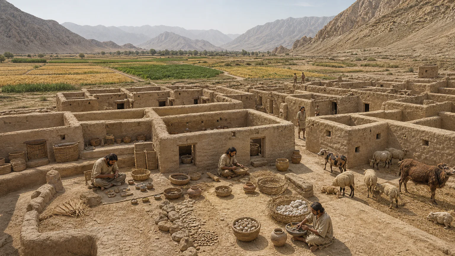 AI-generated evidence-guided visualization related to Mehrgarh, c. 7000-2600 BCE.