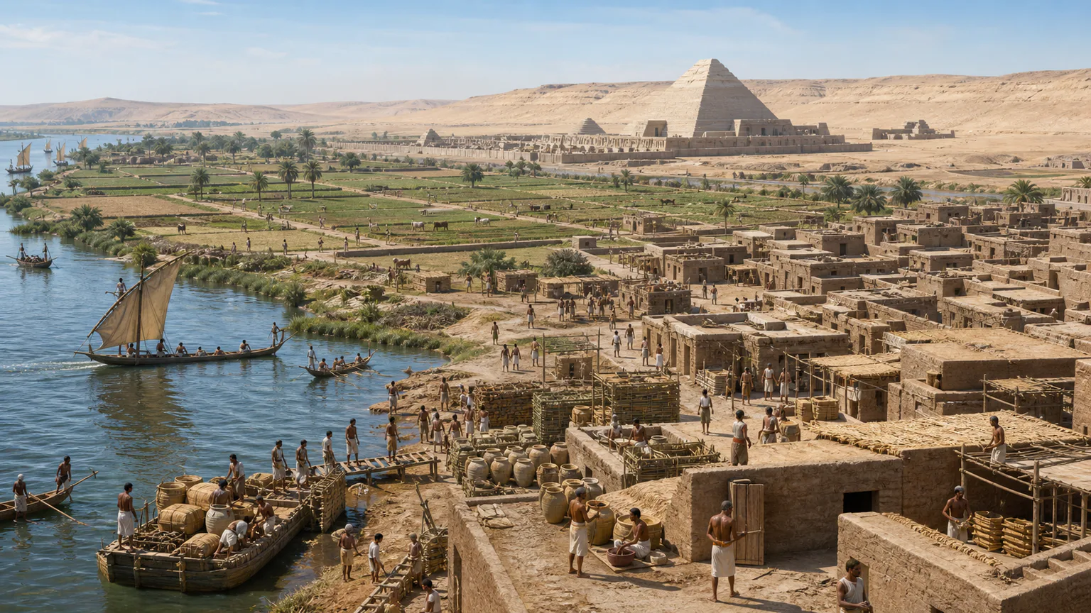 AI-generated evidence-guided visualization related to Memphis and Saqqara, Early capital landscape phase, c. 3100-2000 BCE.