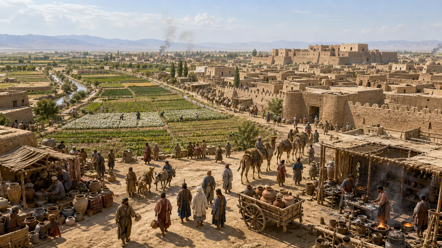 AI-generated evidence-guided visualization related to Ancient Merv, c. 500 BCE-1221 CE, multiple cities.