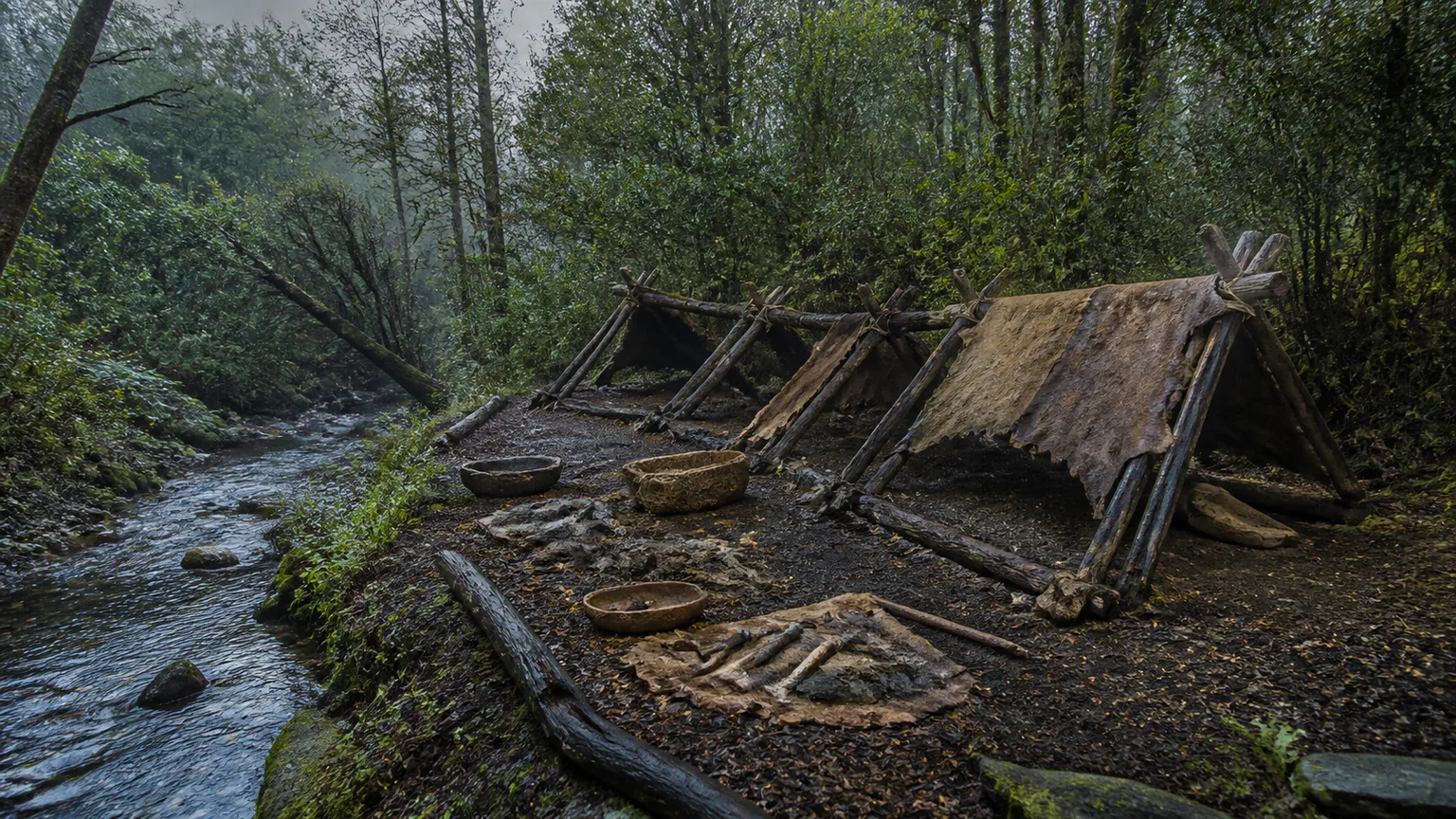 AI-generated evidence-guided visualization related to Monte Verde, c. 12,850 BCE (about 14,800 calibrated years BP).