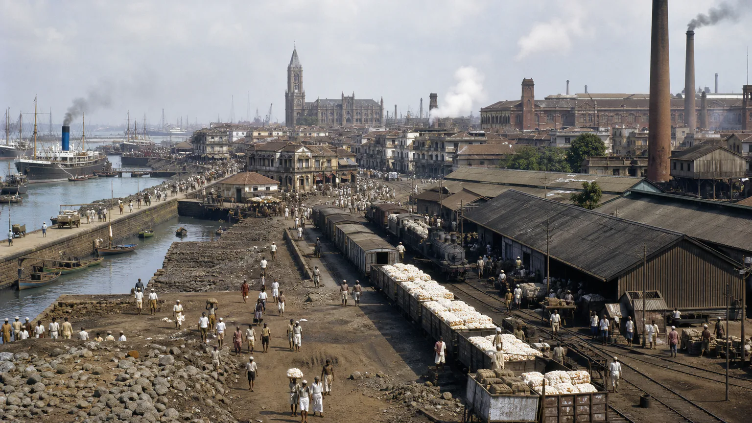 AI-generated evidence-guided visualization related to Bombay / Mumbai, c. 1850-1947 CE.