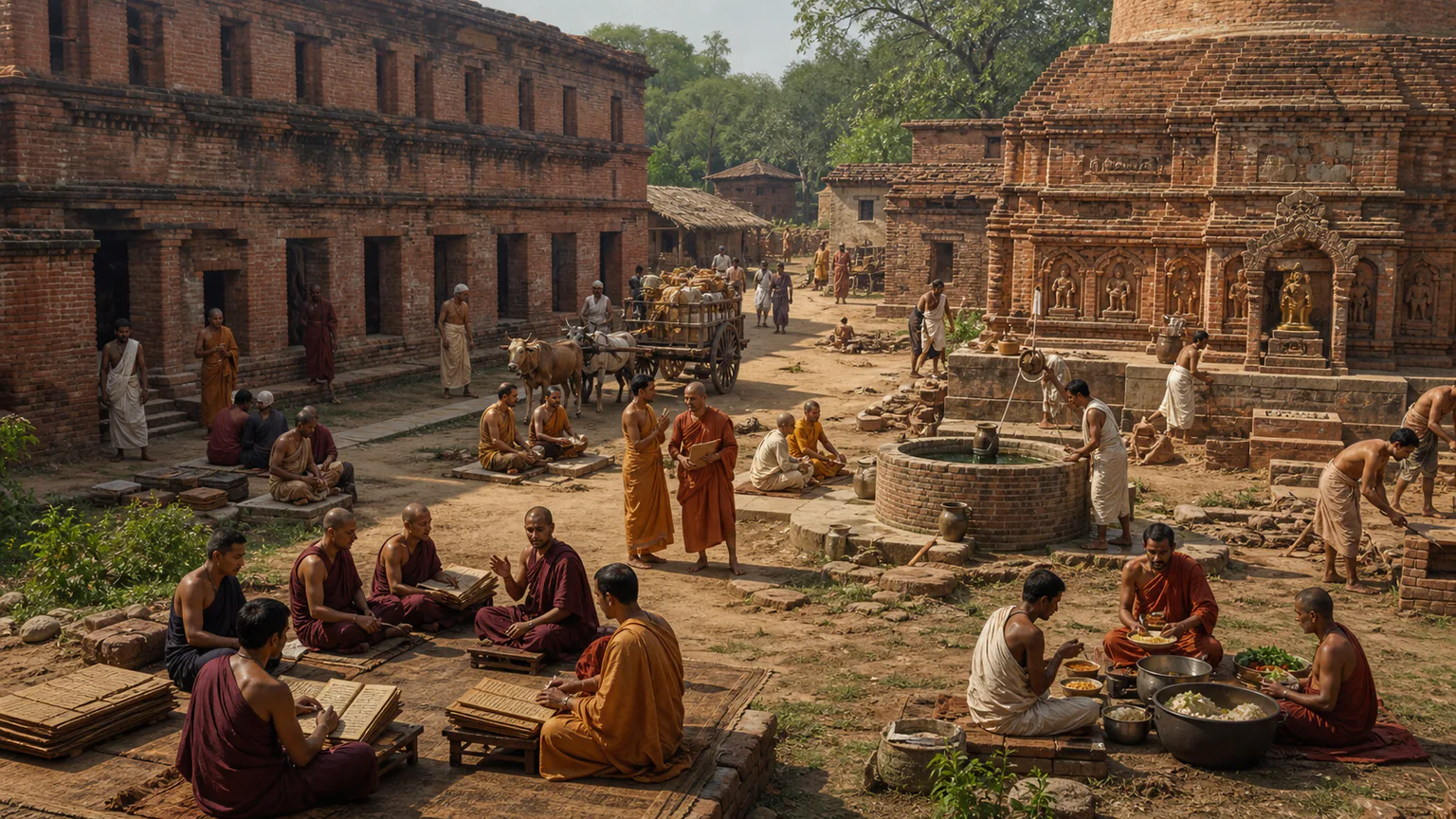 AI-generated evidence-guided visualization related to Nalanda Mahavihara, c. 5th-12th centuries CE.