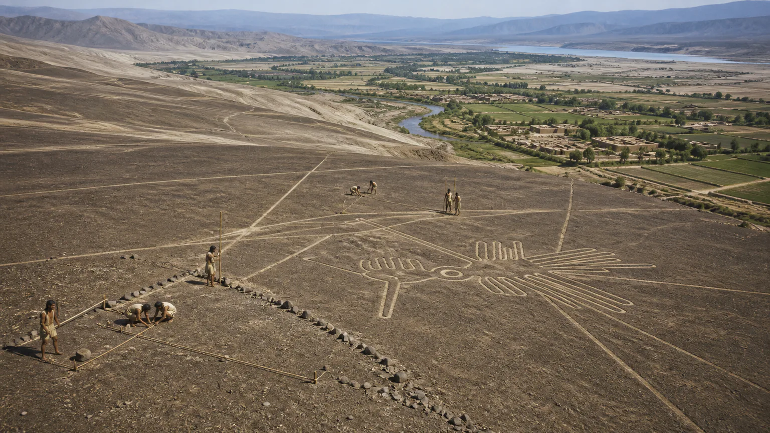 AI-generated evidence-guided visualization related to Nasca and Palpa geoglyphs, c. 500 BCE-500 CE.