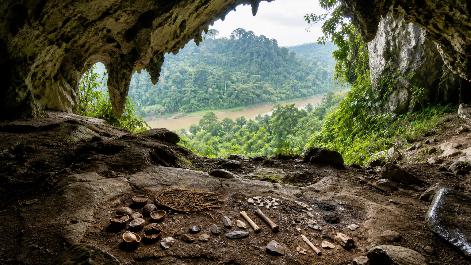 AI-generated evidence-guided visualization related to Niah Caves, c. 50,000-35,000 years ago.