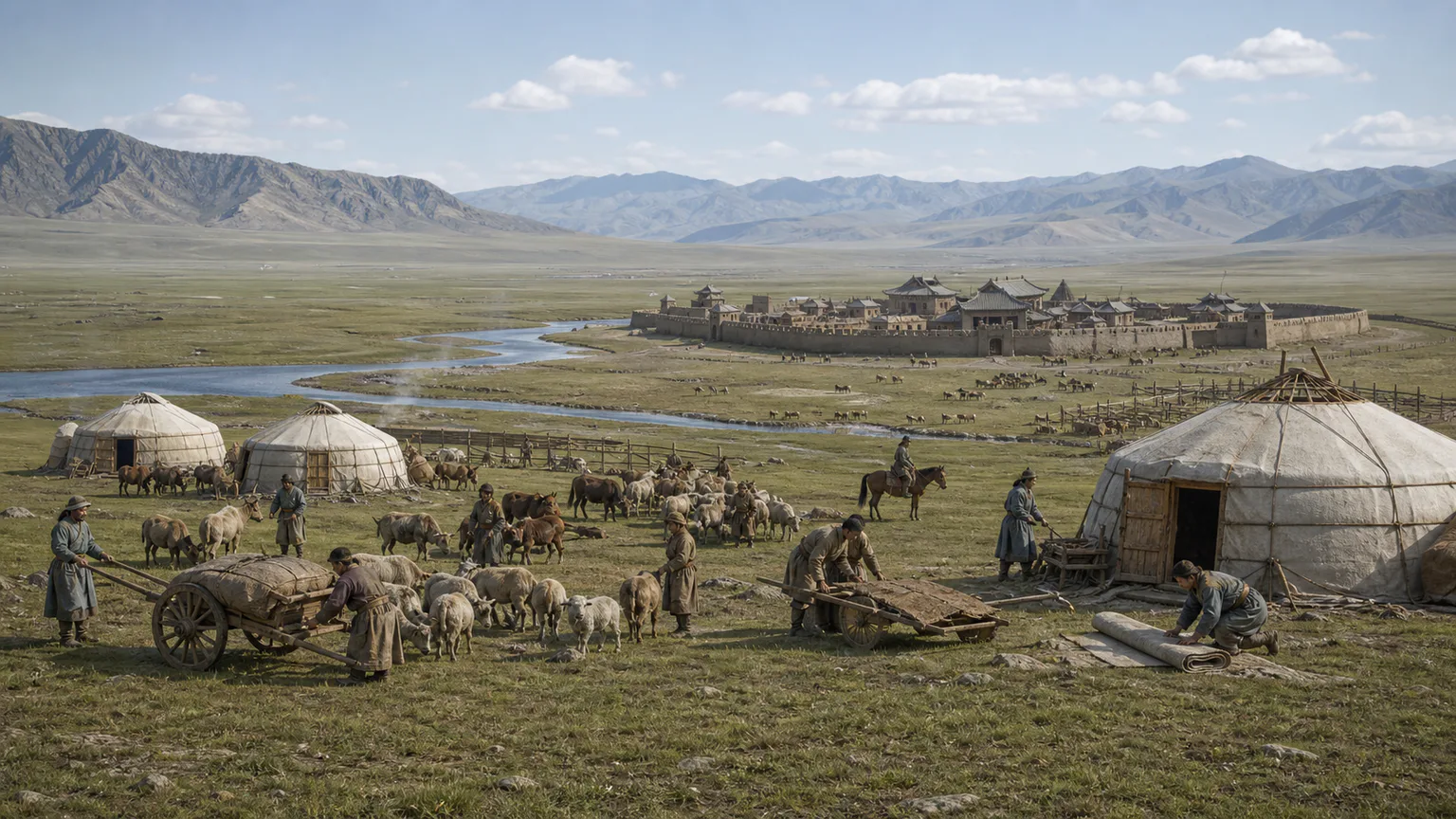 AI-generated evidence-guided visualization related to Orkhon Valley, c. 600 CE-present, multiple phases.