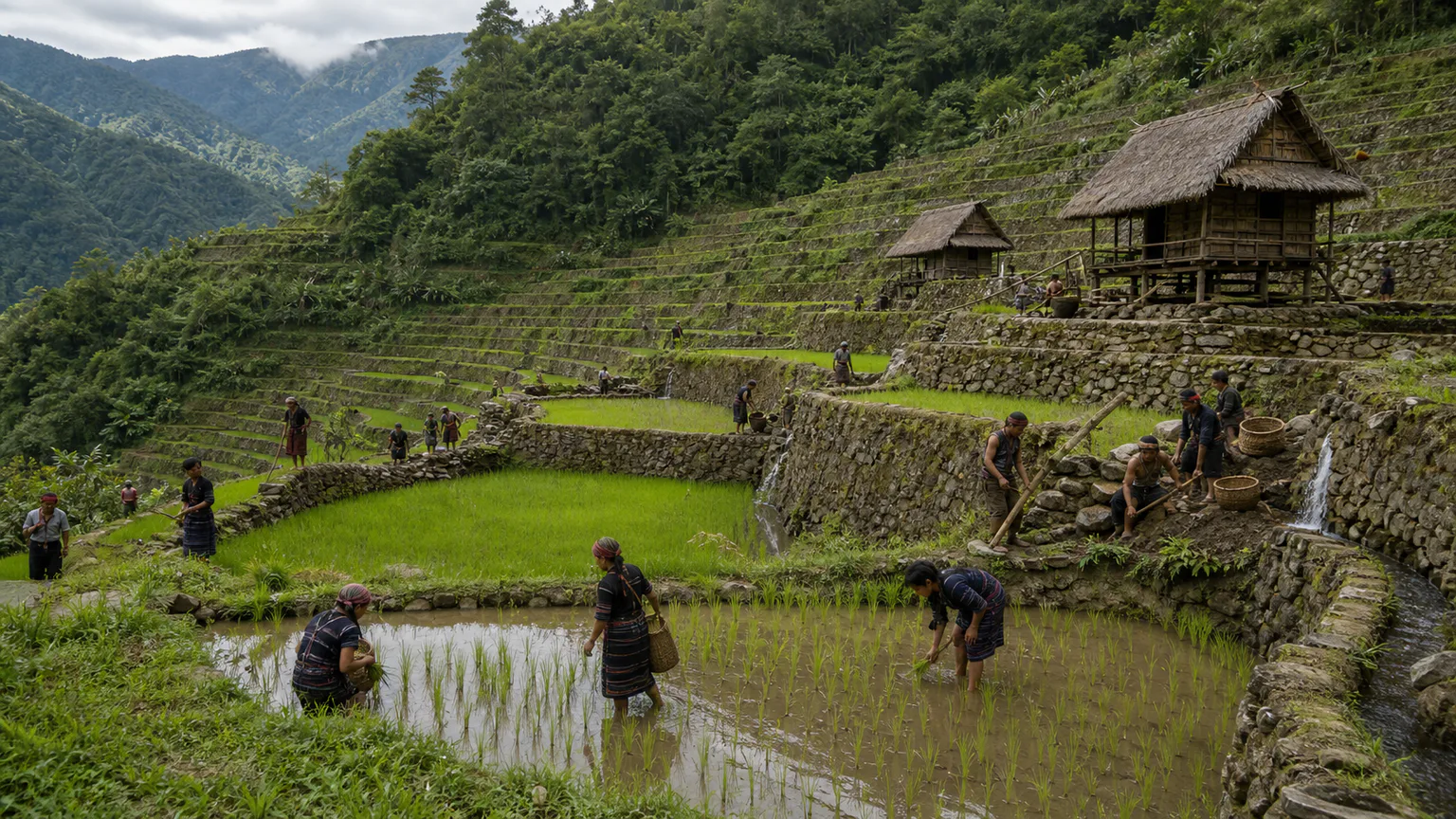 AI-generated evidence-guided visualization related to Rice Terraces of the Philippine Cordilleras, c. 1000 CE-present, broad chronology.