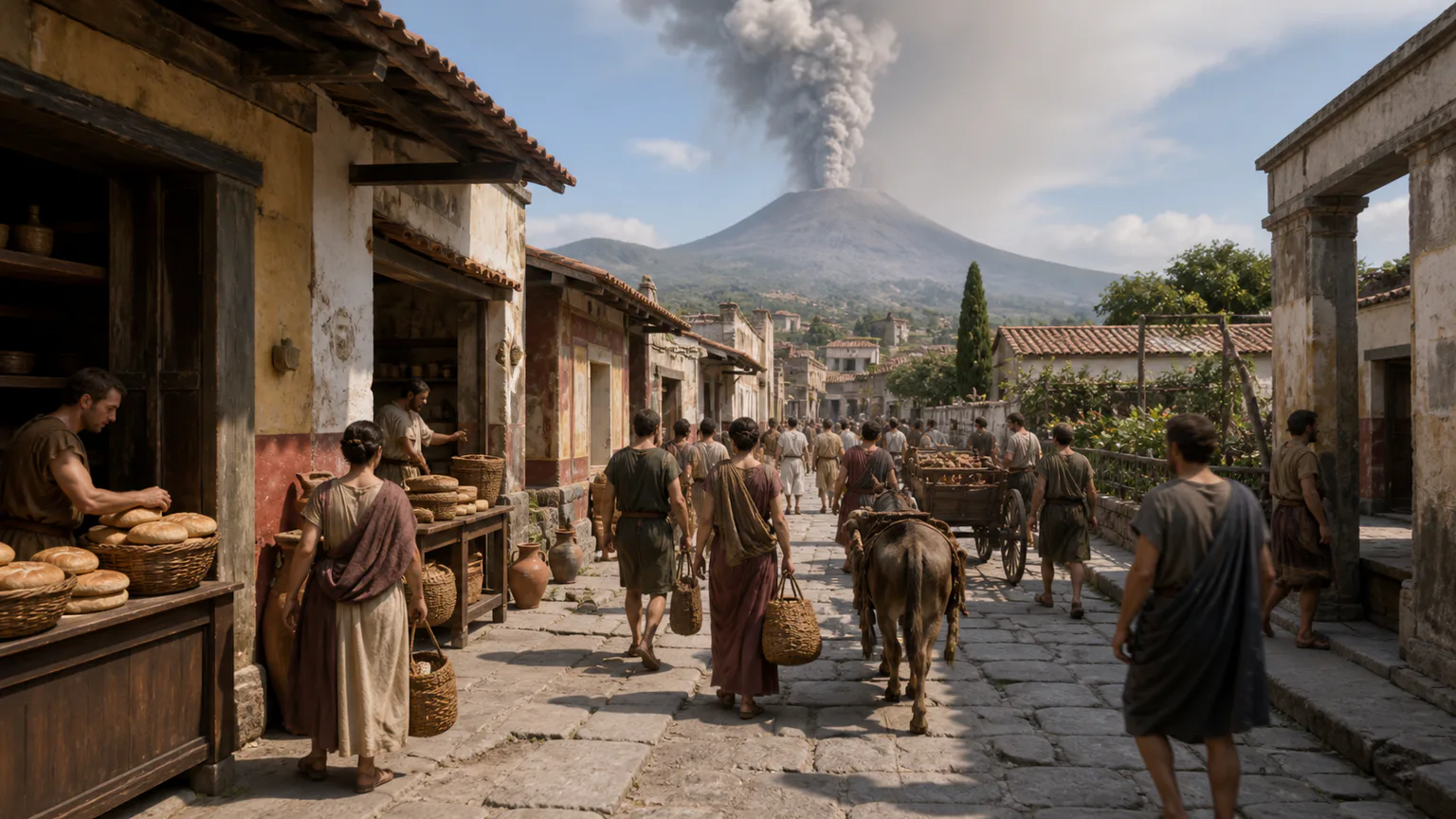 AI-generated evidence-guided visualization related to Pompeii and the Vesuvius eruption, 1st century-79 CE.