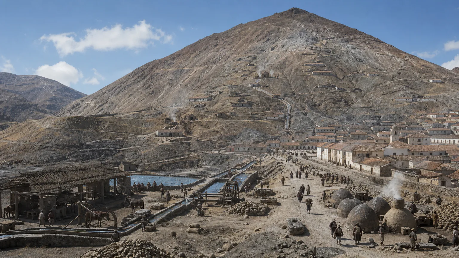 AI-generated evidence-guided visualization related to Potosi and Cerro Rico, c. 1545-1750 CE.