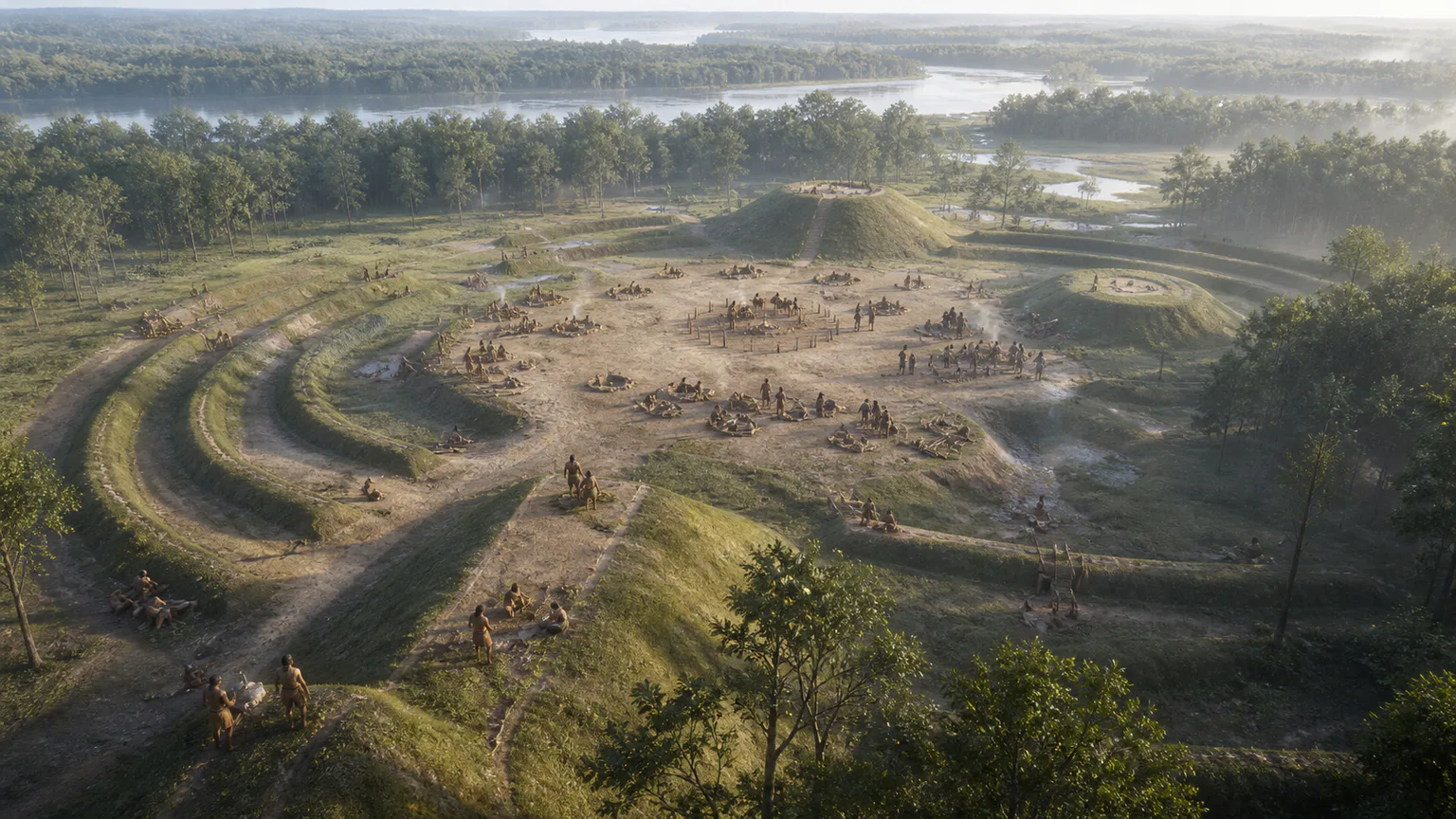 AI-generated evidence-guided visualization related to Poverty Point, c. 1700-1100 BCE.