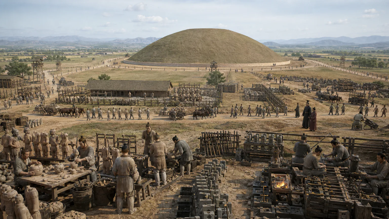AI-generated evidence-guided visualization related to Qin capital region and imperial mausoleum, c. 4th-3rd centuries BCE.