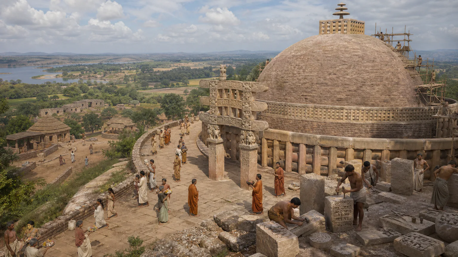 AI-generated evidence-guided visualization related to Sanchi, c. 3rd century BCE-12th century CE.