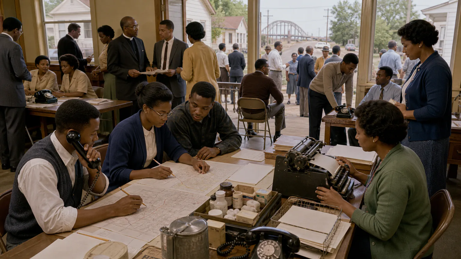 AI-generated evidence-guided visualization related to Selma to Montgomery voting-rights campaign, 1965 CE.