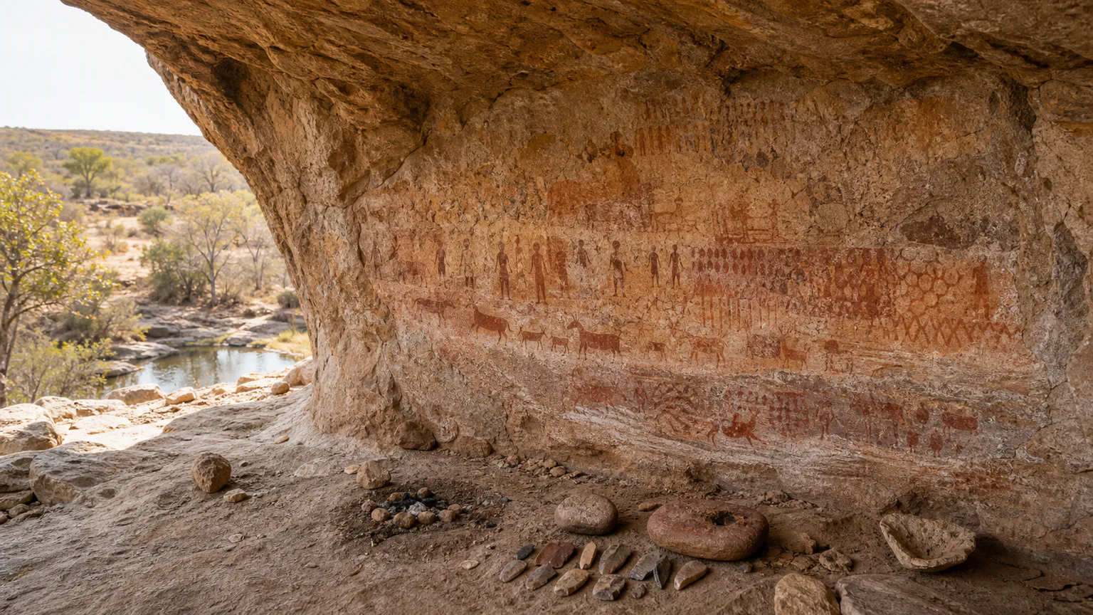 AI-generated evidence-guided visualization related to Serra da Capivara, c. 12,000 BCE-1000 CE, selected securely contextualized phases.