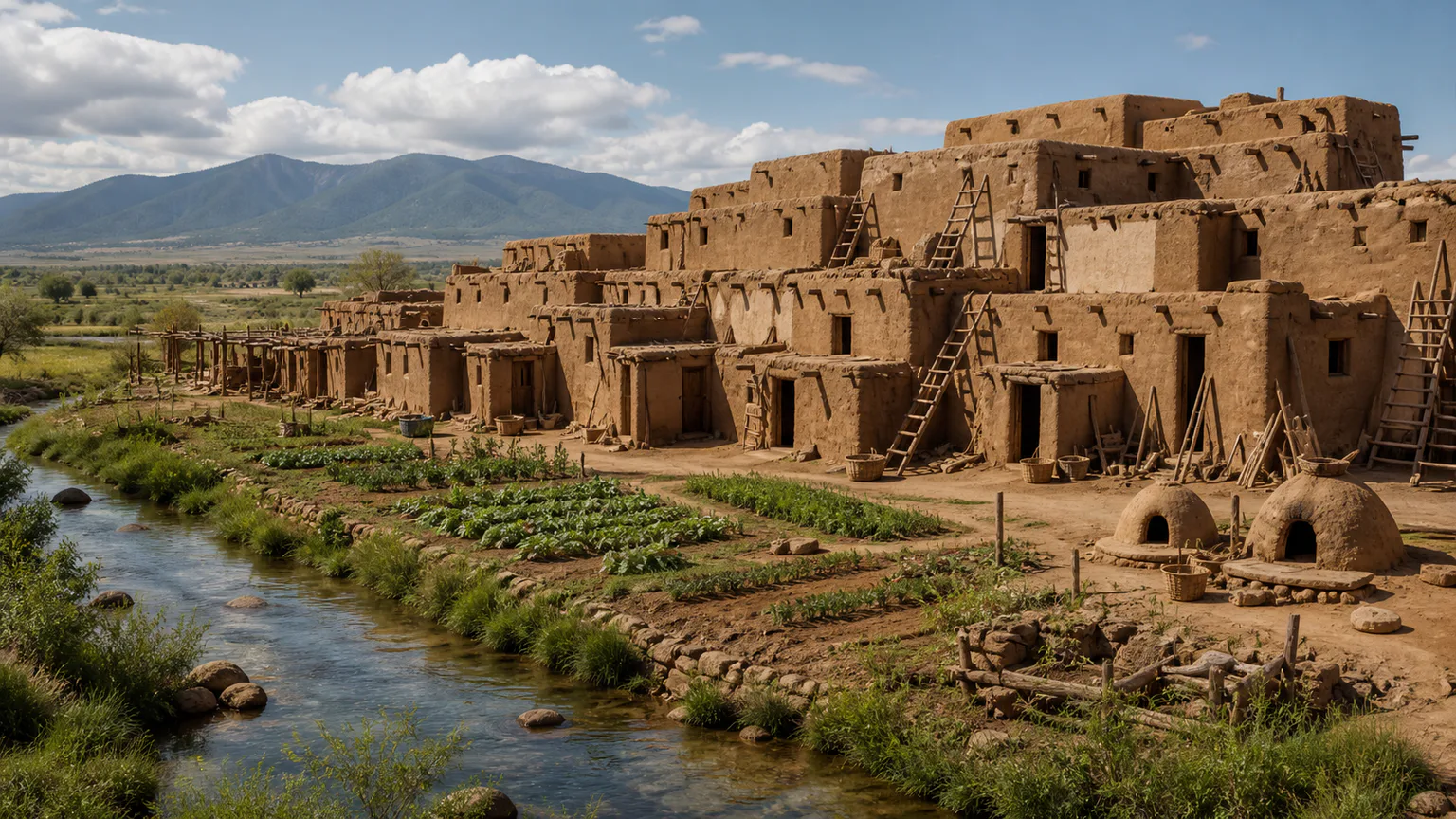 AI-generated evidence-guided visualization related to Taos Pueblo, c. 1300 CE-present.