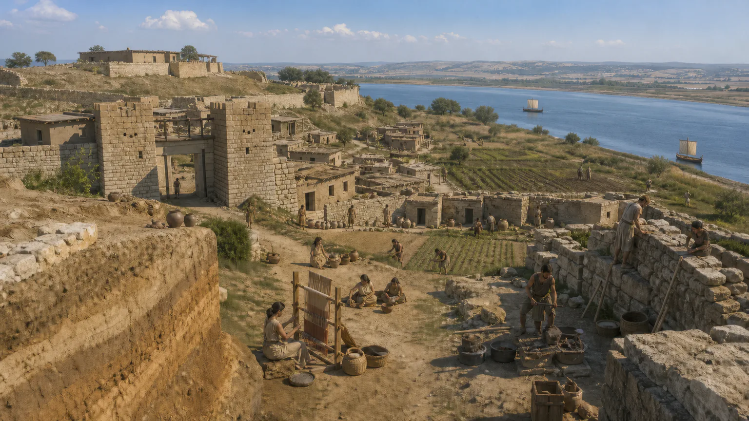 AI-generated evidence-guided visualization related to Troy / Hisarlık, c. 3000 BCE-500 CE, many phases.