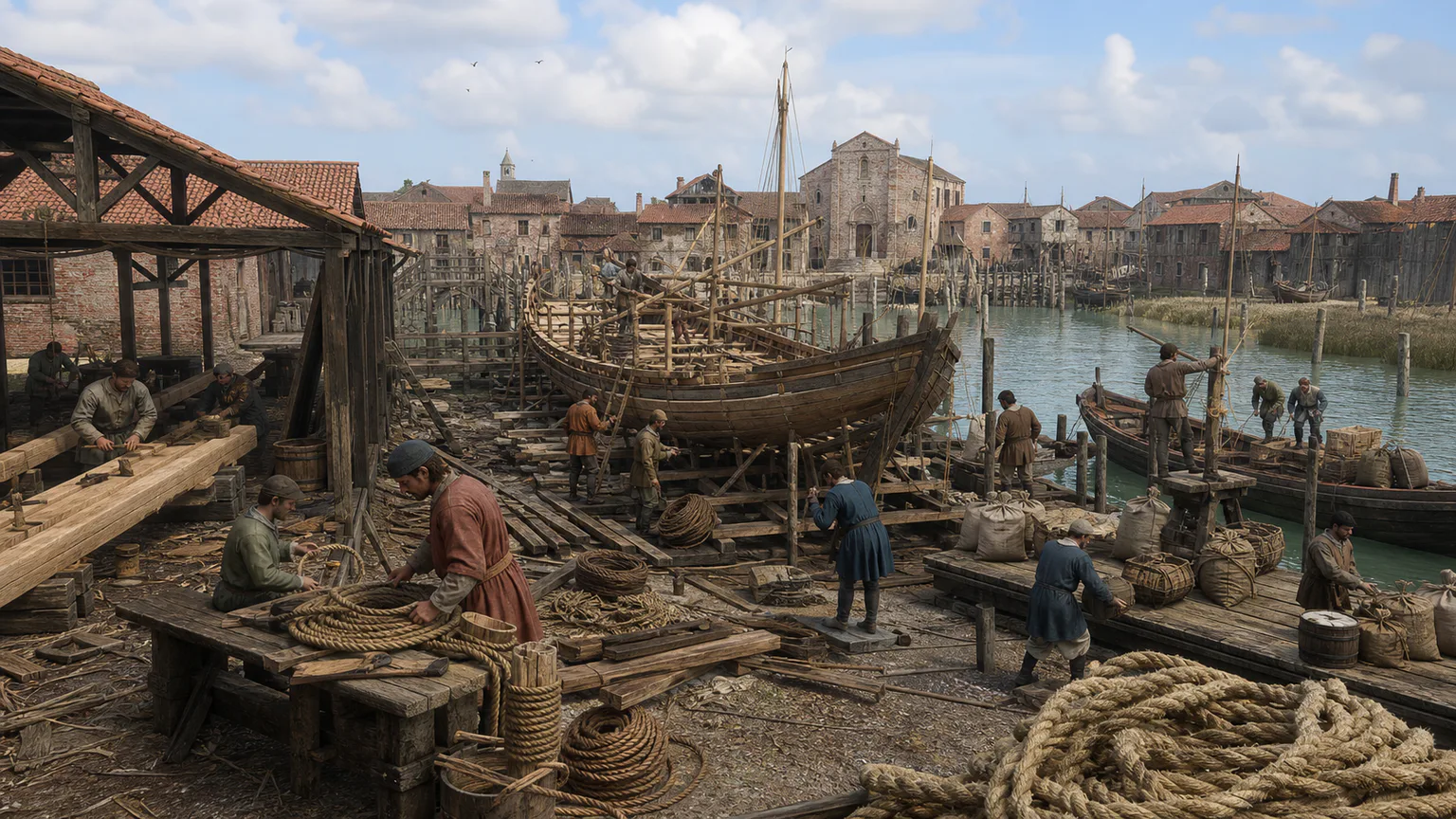 AI-generated evidence-guided visualization related to Venice and its lagoon, c. 9th century-1797 CE.