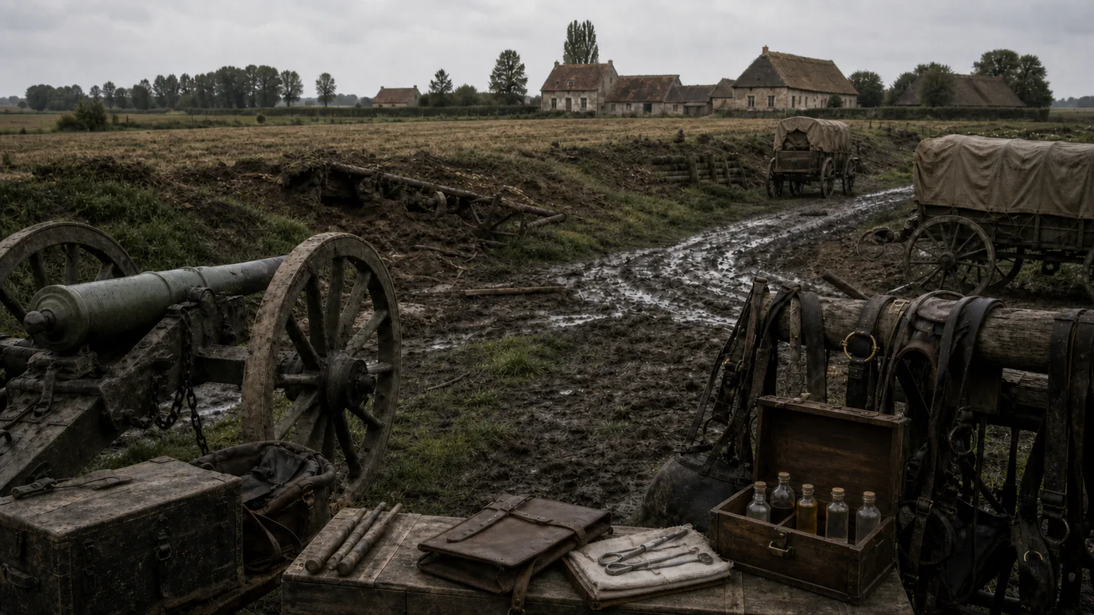AI-generated evidence-guided visualization related to Waterloo campaign landscape, 18 June 1815 CE.