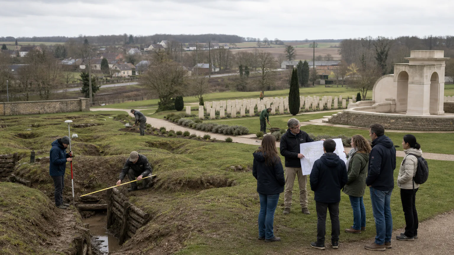AI-generated evidence-guided visualization related to Western Front memory sites, 1914 CE-present remembrance.